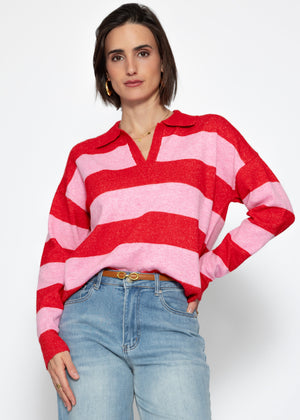 Striped polo-collar sweater - pink-red