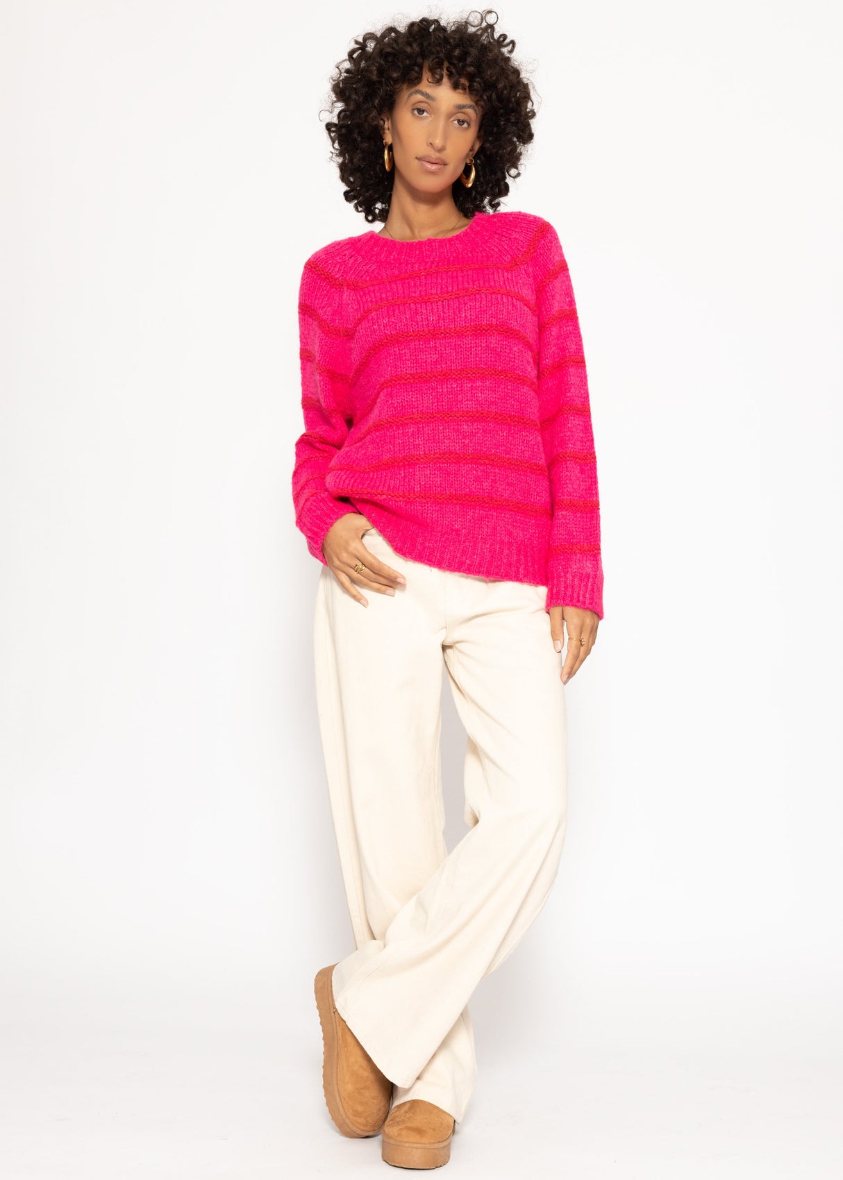 Gestreifter Pullover mit Rundhalsausschnitt - pink