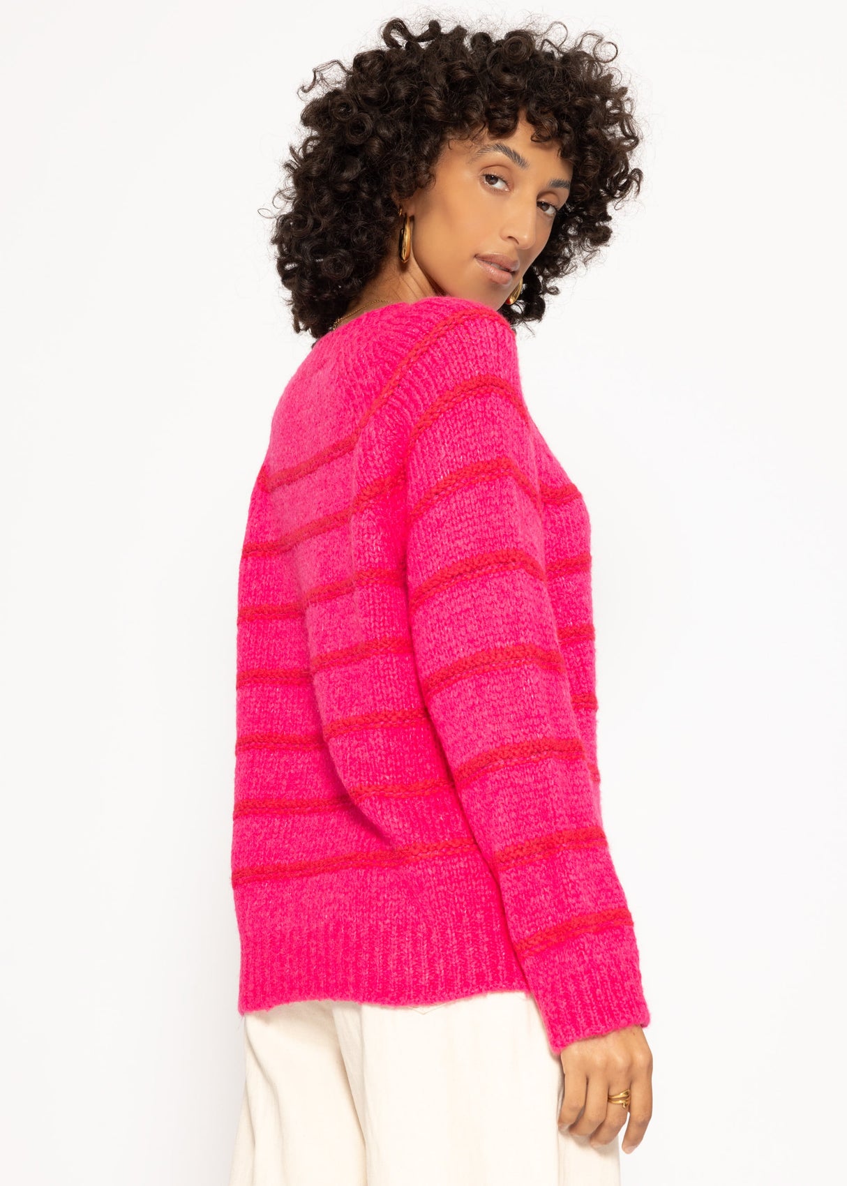 Gestreifter Pullover mit Rundhalsausschnitt - pink