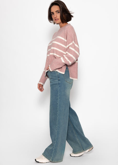 Striped knit jumper with side slits - dusty rose