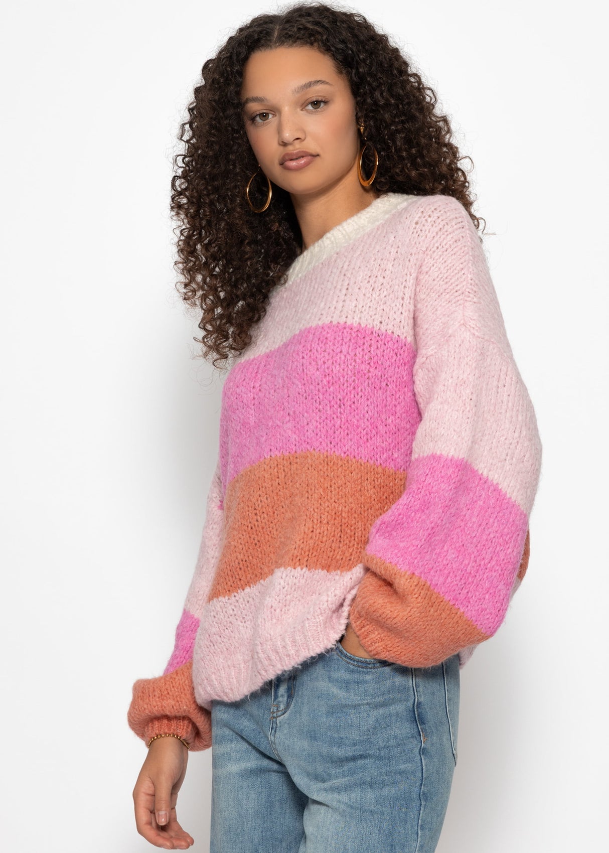 Gestreifter Strickpullover - rosa-peach