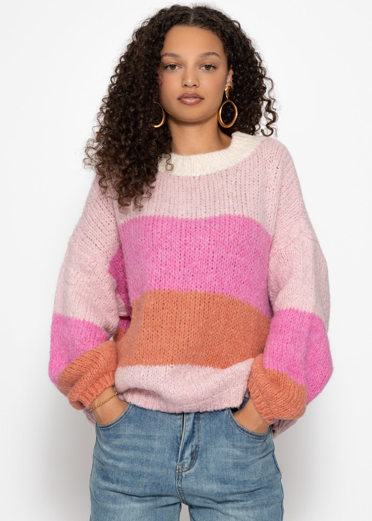 Gestreifter Strickpullover - rosa-peach