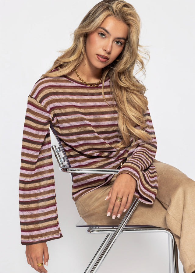 Striped long-sleeved knit top - brown-beige-rose