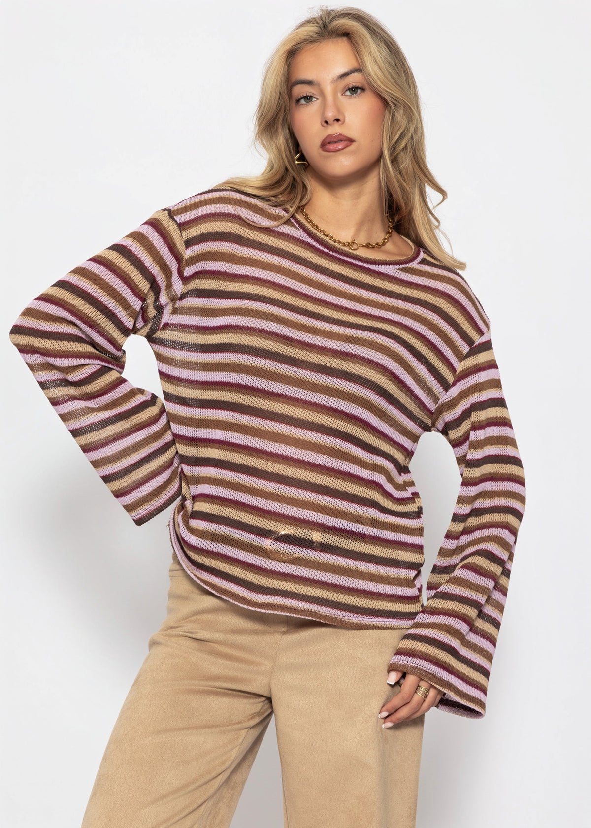 Striped long-sleeved knit shirt - brown