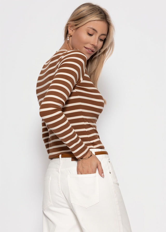 Striped long-sleeved top - brown-white