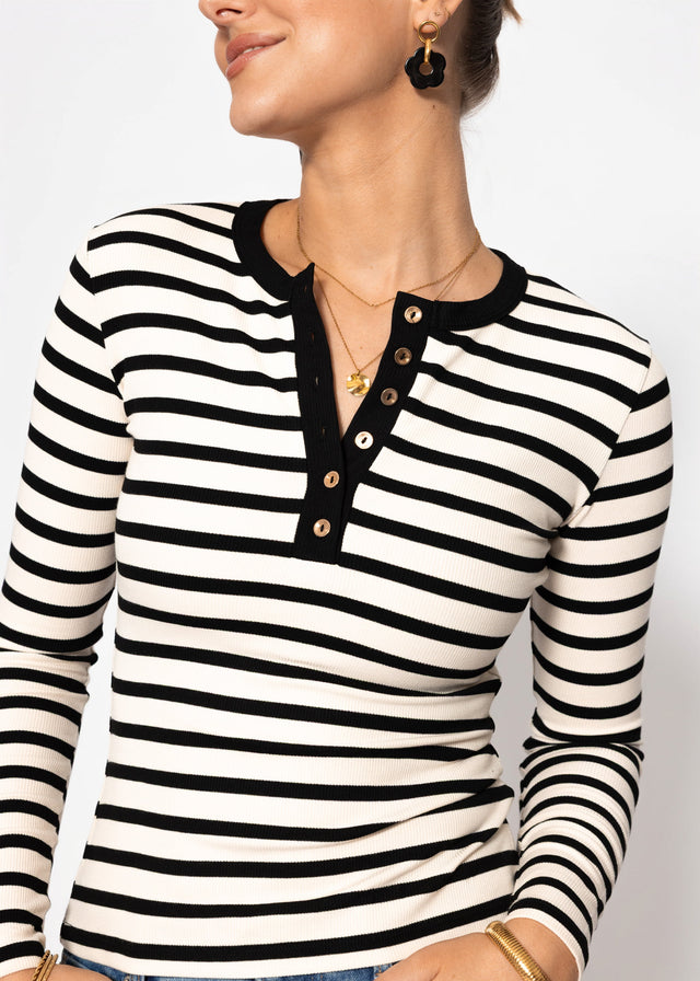 Striped long-sleeved top with button placket - black-white