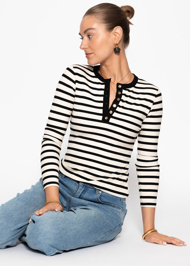 Striped long-sleeved top with button placket - black-white
