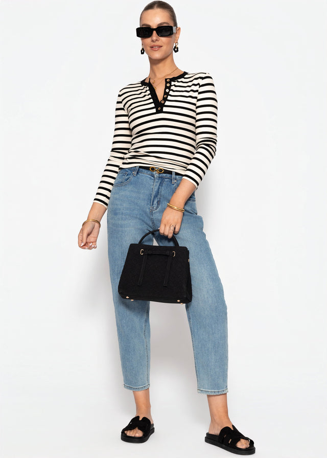 Striped long-sleeved top with button placket - black-white
