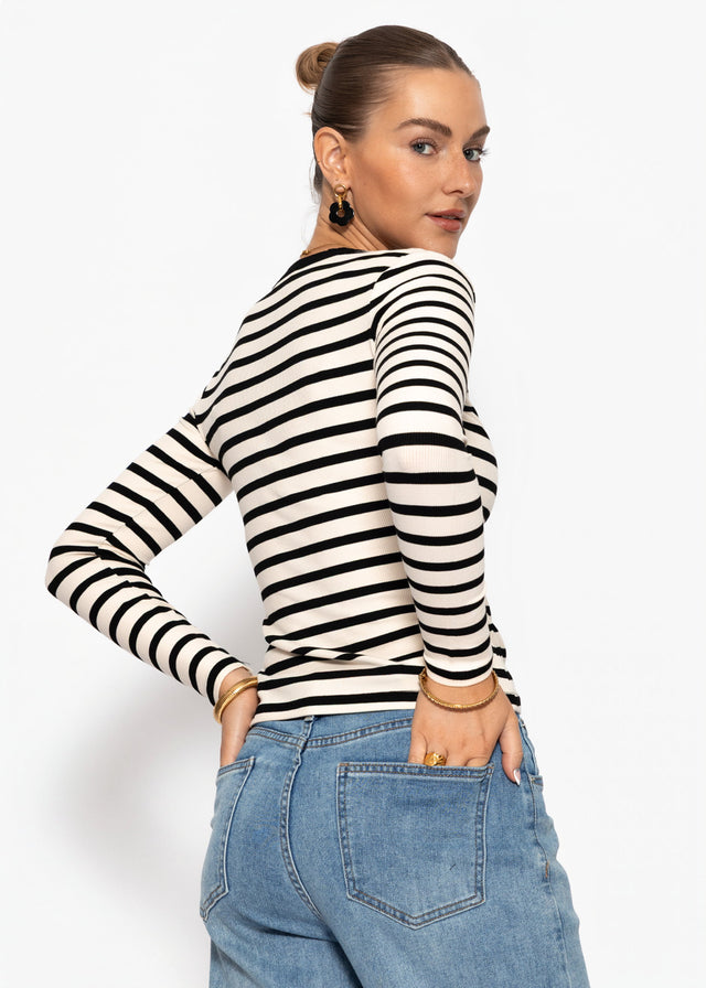 Striped long-sleeved top with button placket - black-white