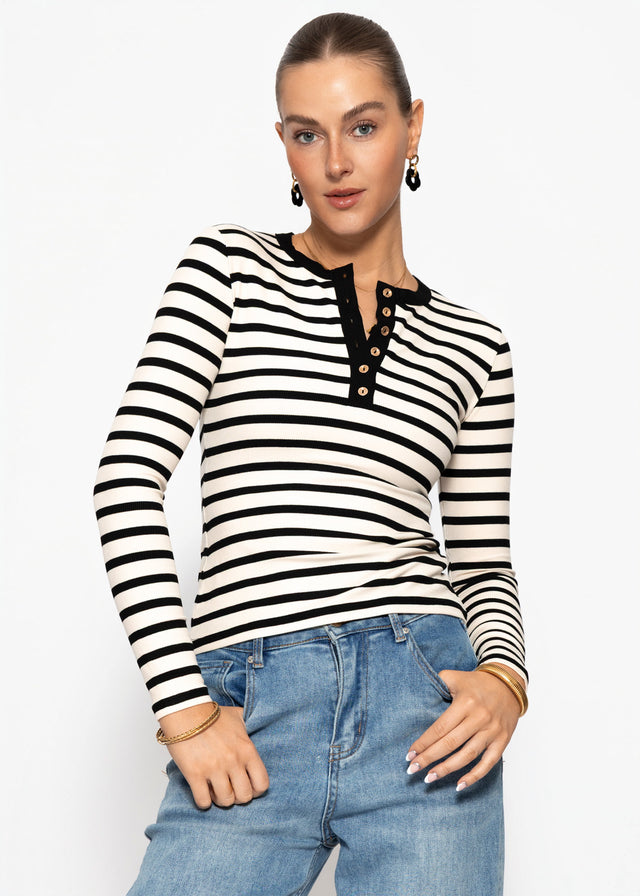 Striped long-sleeved top with button placket - black-white
