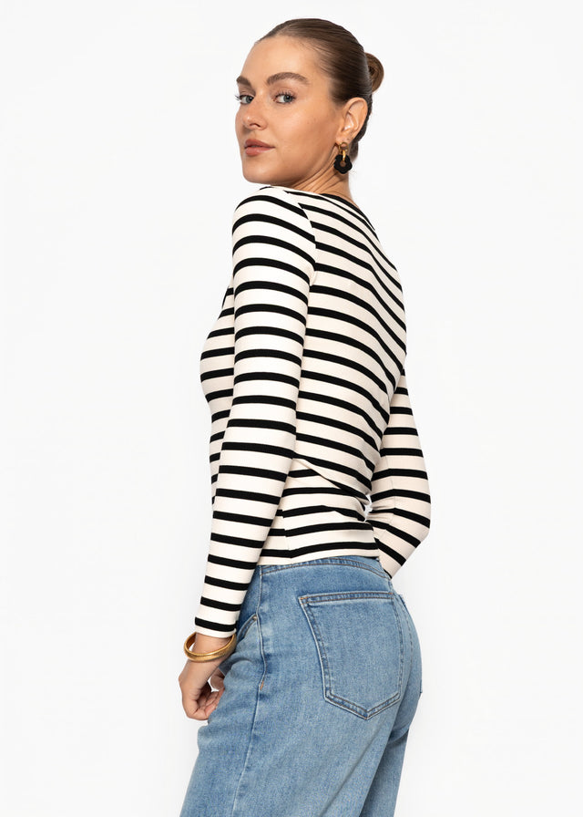 Striped long-sleeved top with button placket - black-white