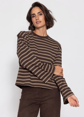 Gestreiftes Langarmshirt mit weiten Ärmeln - braun