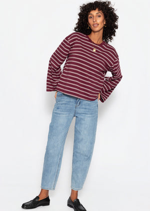Gestreiftes Langarmshirt mit weiten Ärmeln - burgundy