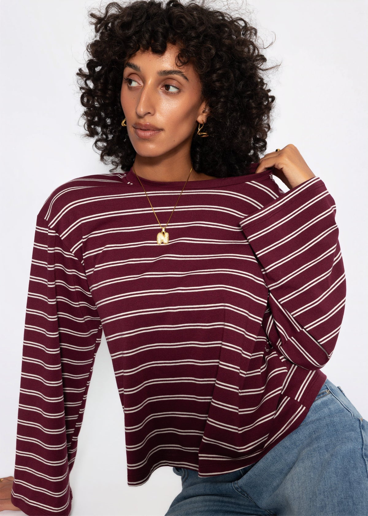 Gestreiftes Langarmshirt mit weiten Ärmeln - burgundy