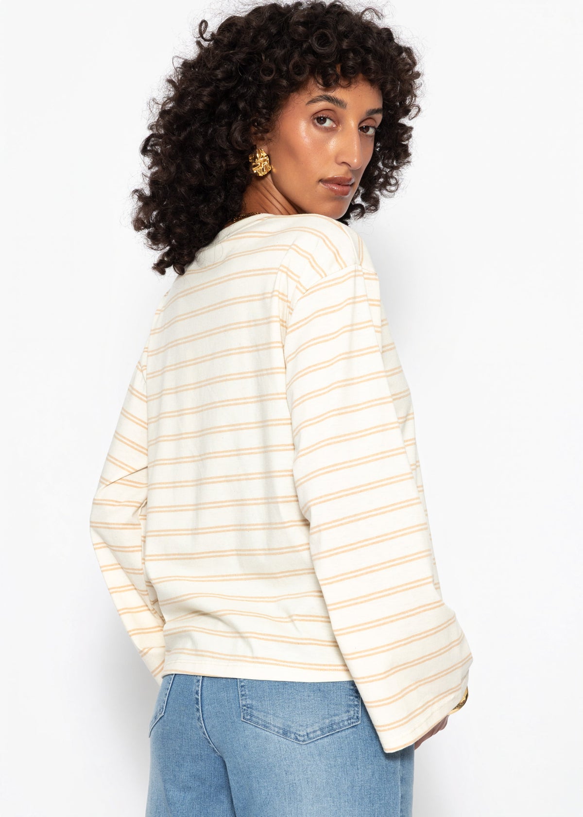 Gestreiftes Langarmshirt mit weiten Ärmeln - creme