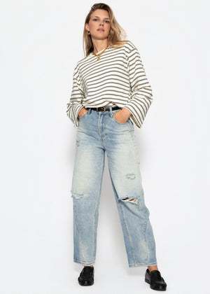 Gestreiftes Langarmshirt mit weiten Ärmeln - offwhite