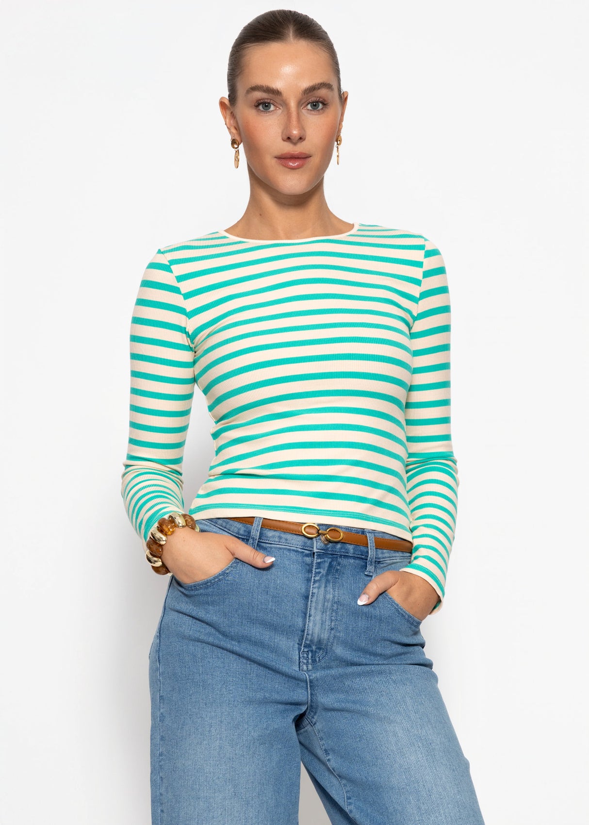 Gestreiftes Langarmshirt - türkis-weiß