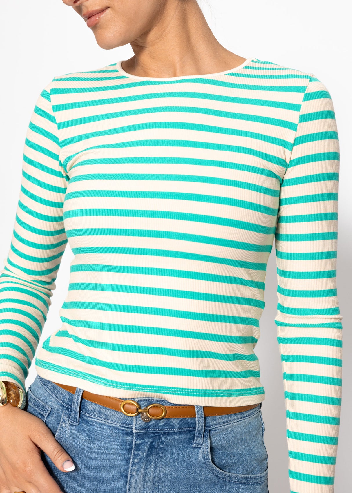 Gestreiftes Langarmshirt - türkis-weiß