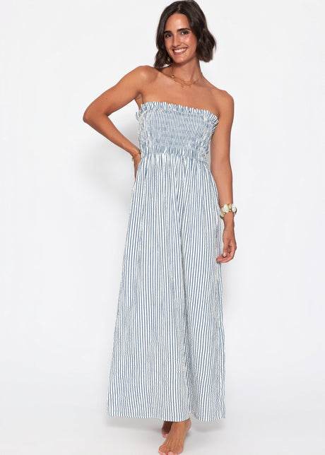 Gestreiftes Maxi Musselin Bandeau Kleid - blau-weiß von SASSYCLASSY