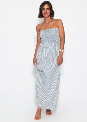 Gestreiftes Maxi Musselin Bandeau Kleid - blau-weiß