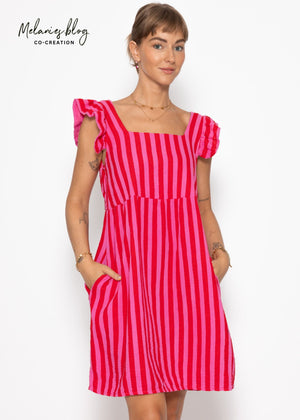 Gestreiftes Musselinkleid - pink