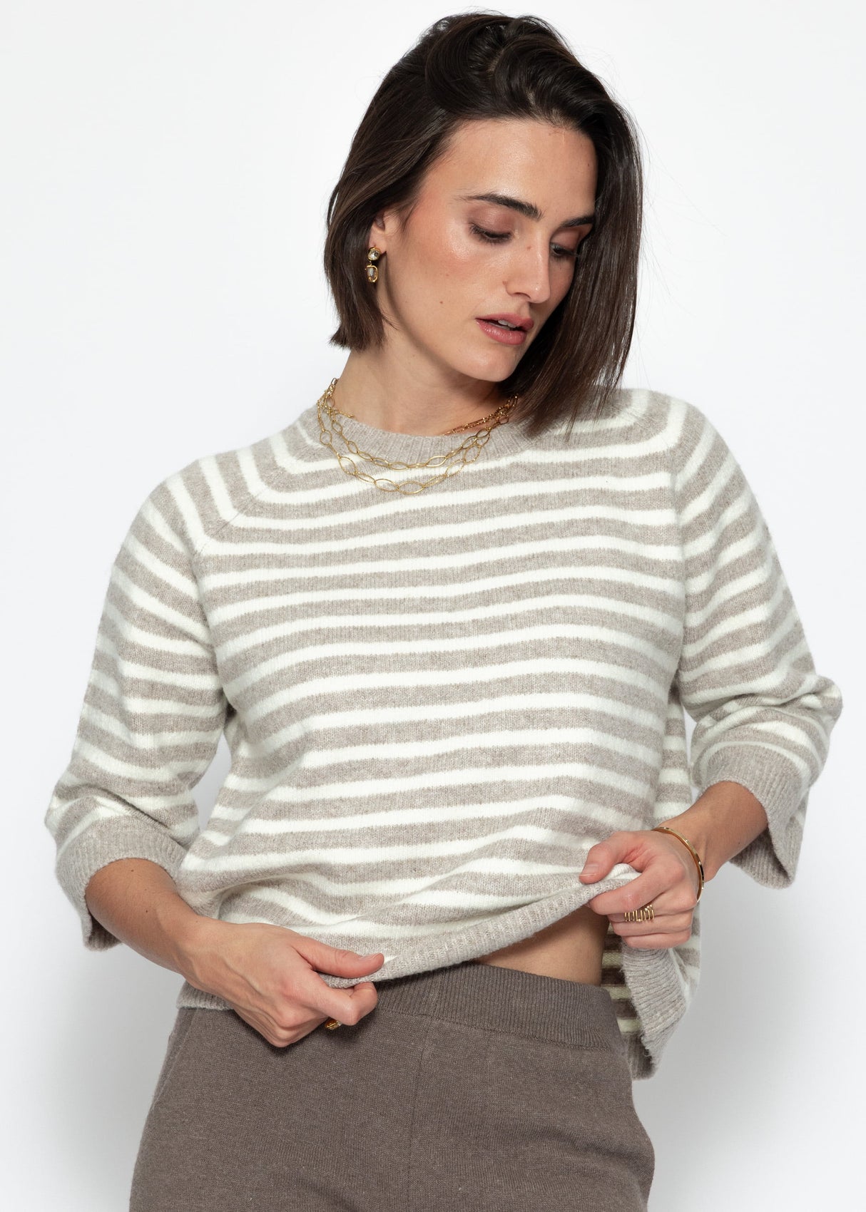 Gestreiftes Strickoberteil - taupe-offwhite