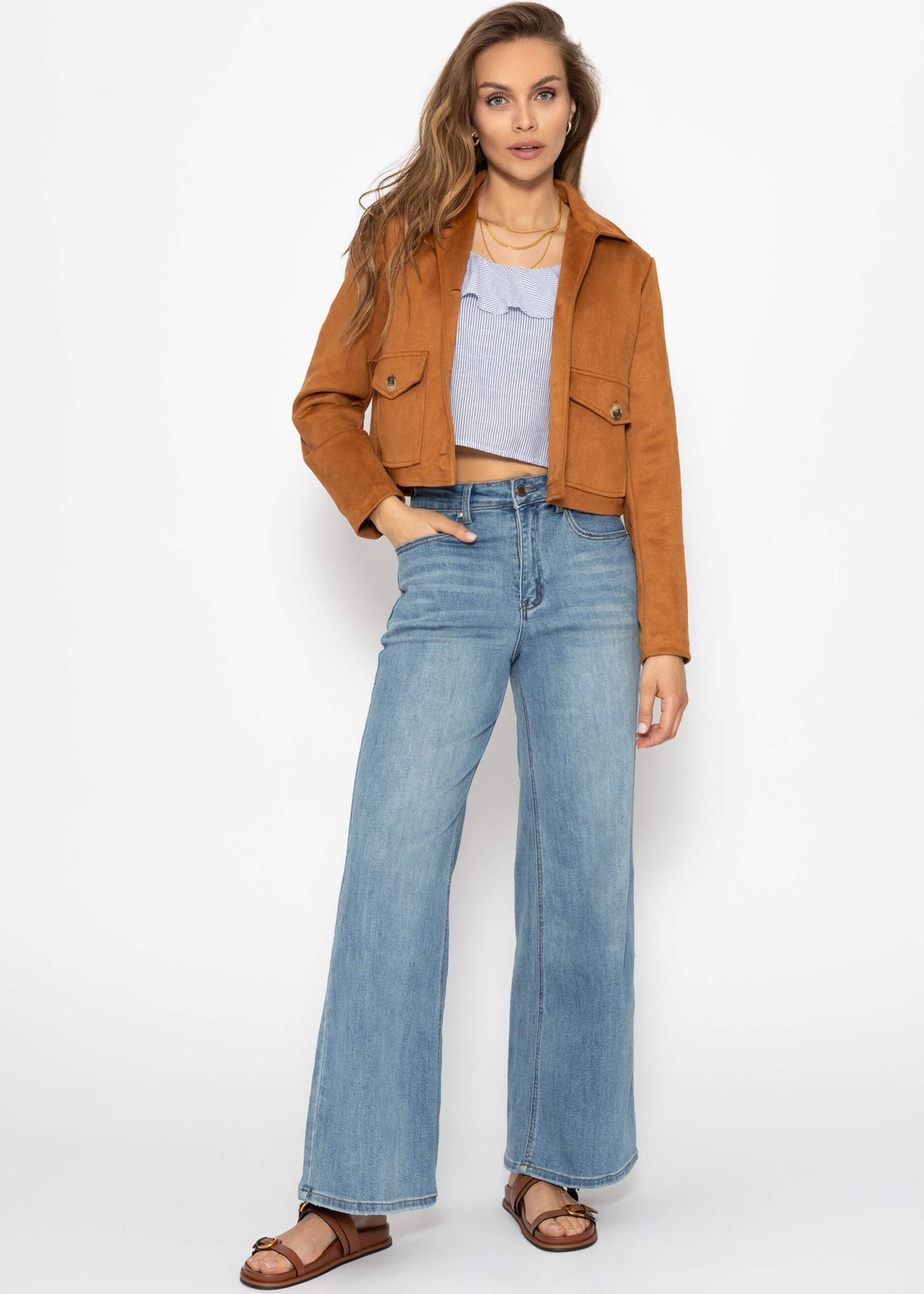 Gestreiftes Top mit Volant - blau