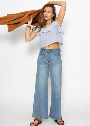 Gestreiftes Top mit Volant - blau