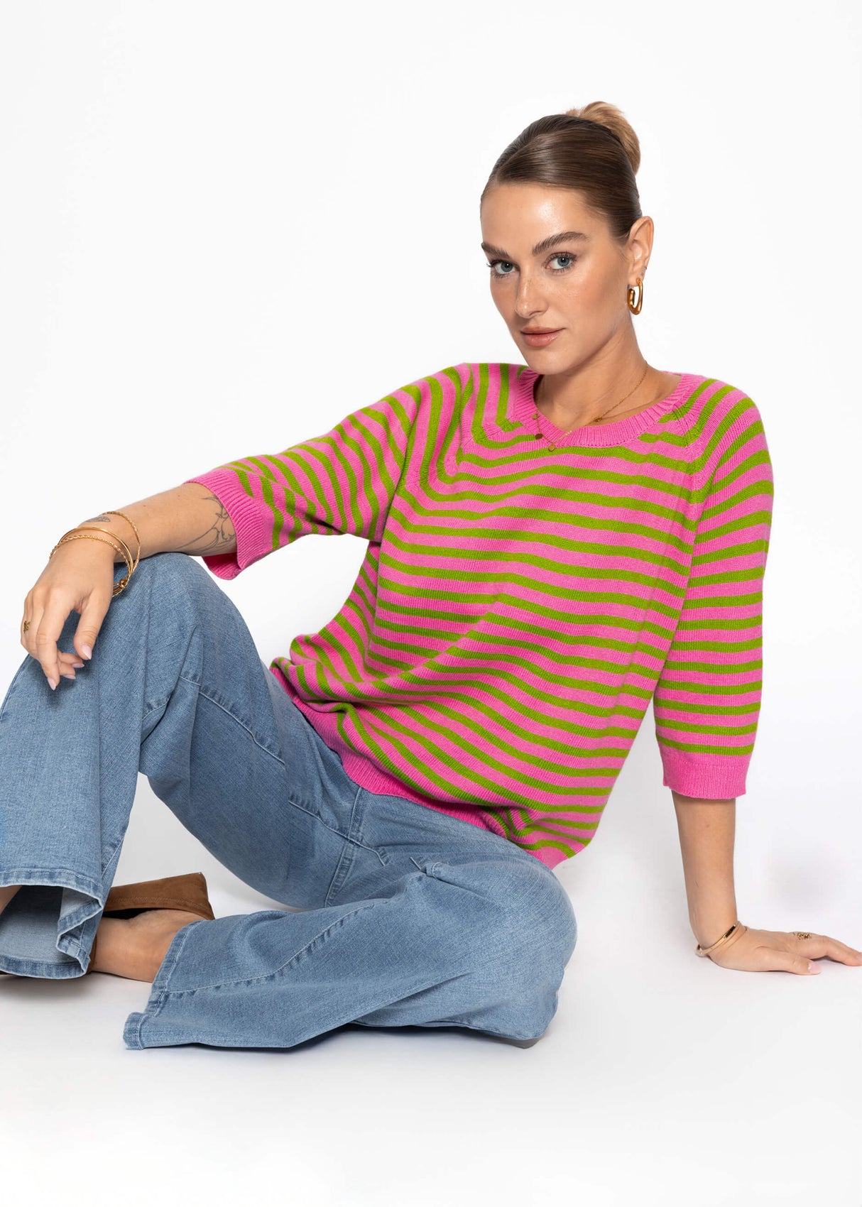 Gestreiftes Viskose-Strickoberteil - pink-grün