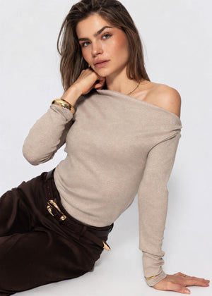 Glitzershirt mit asymmetrischem Ausschnitt - beige