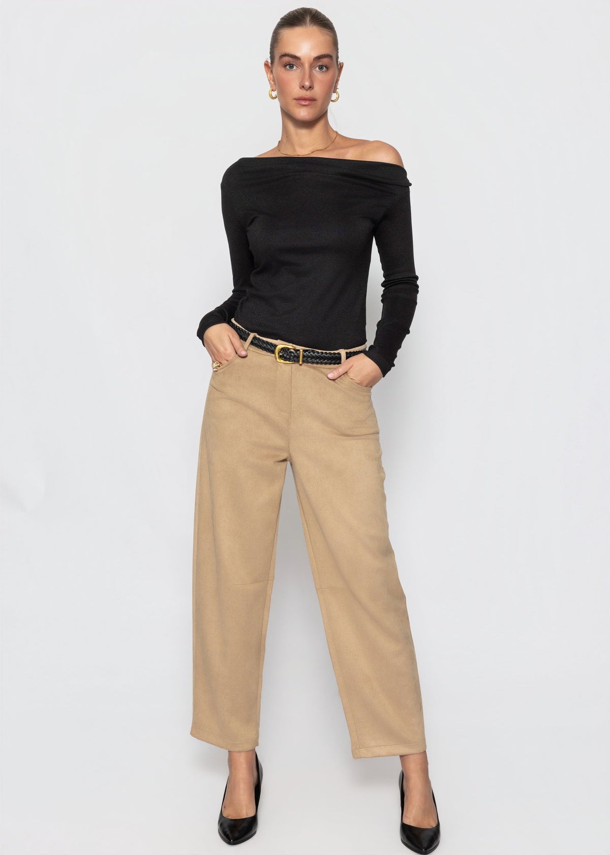 Glitter shirt with asymmetrical neckline - black