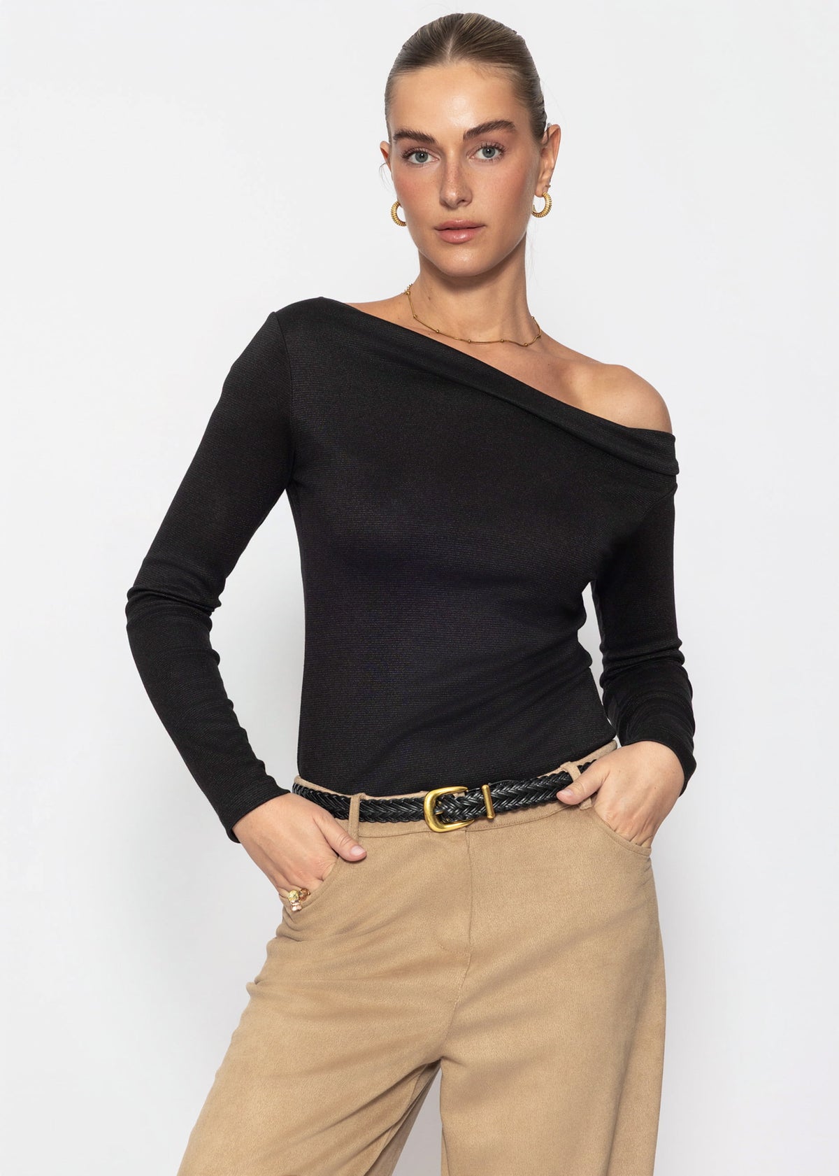 Glitter shirt with asymmetrical neckline - black