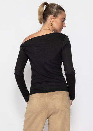 Glitter shirt with asymmetrical neckline - black