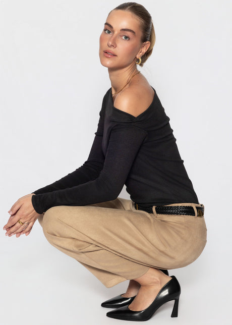 Glitter top with asymmetric neckline - black