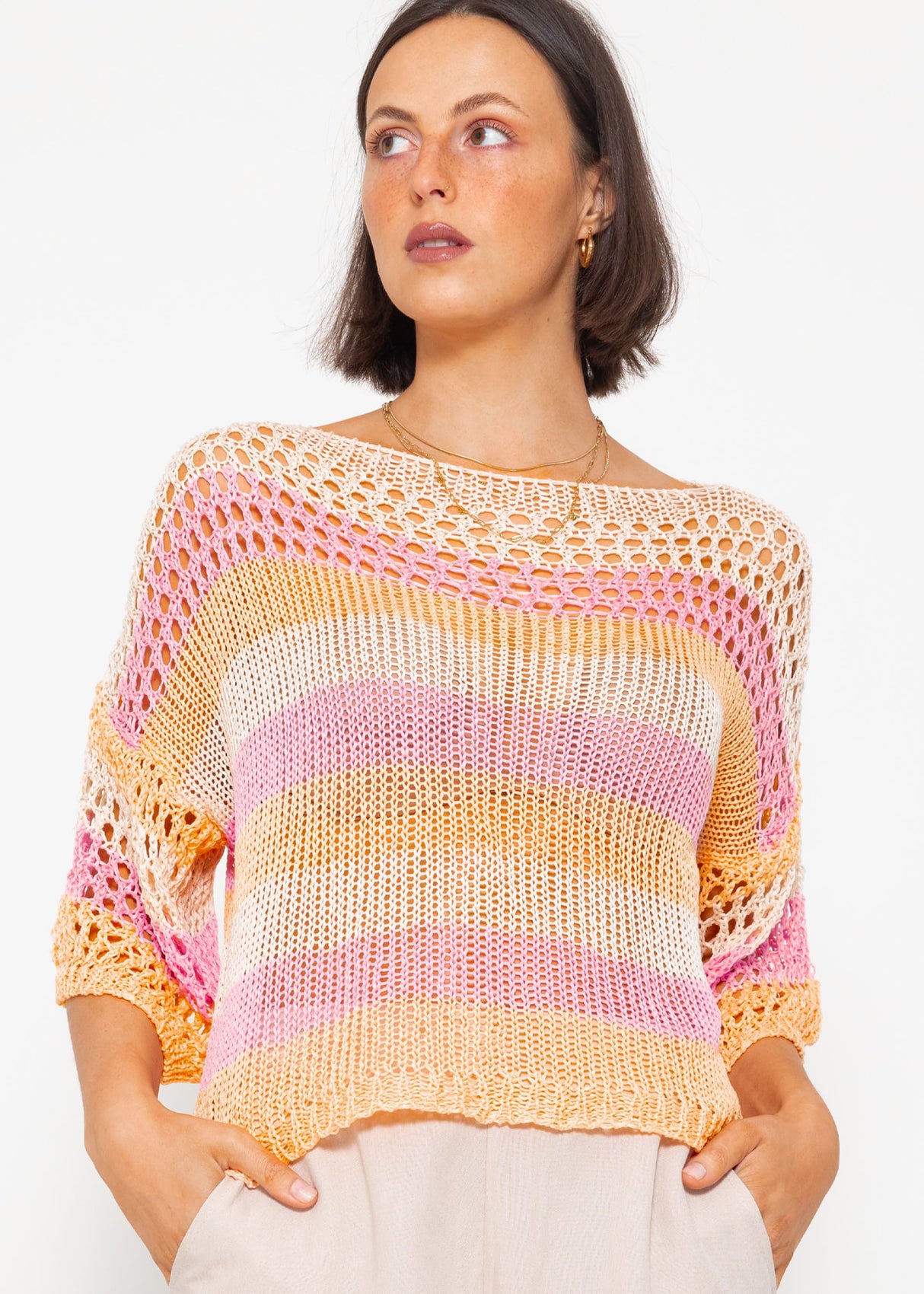 Grobmaschiger Kurzarm Pullover - rosa-peach-beige