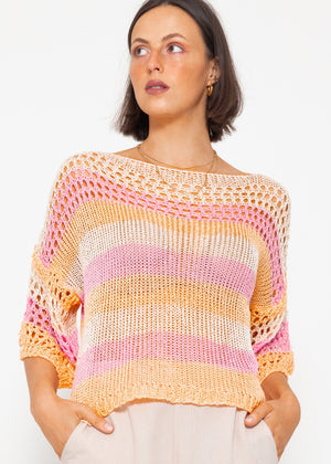 Grobmaschiger Kurzarm Pullover - rosa-peach-beige