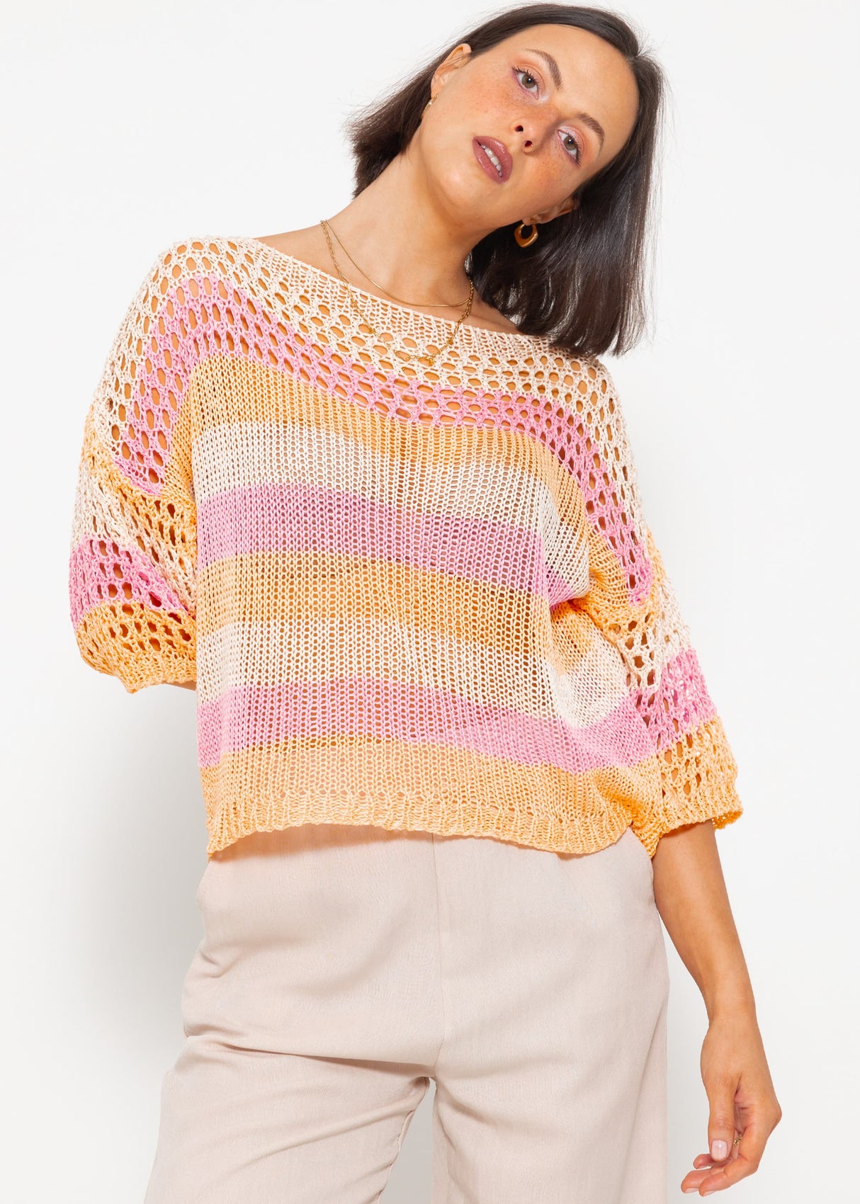 Grobmaschiger Kurzarm Pullover - rosa-peach-beige