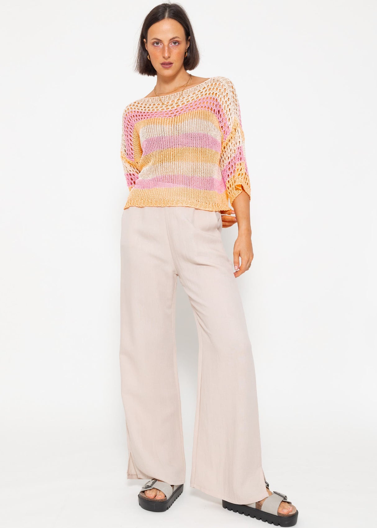 Grobmaschiger Kurzarm Pullover - rosa-peach-beige