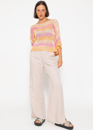 Grobmaschiger Kurzarm Pullover - rosa-peach-beige