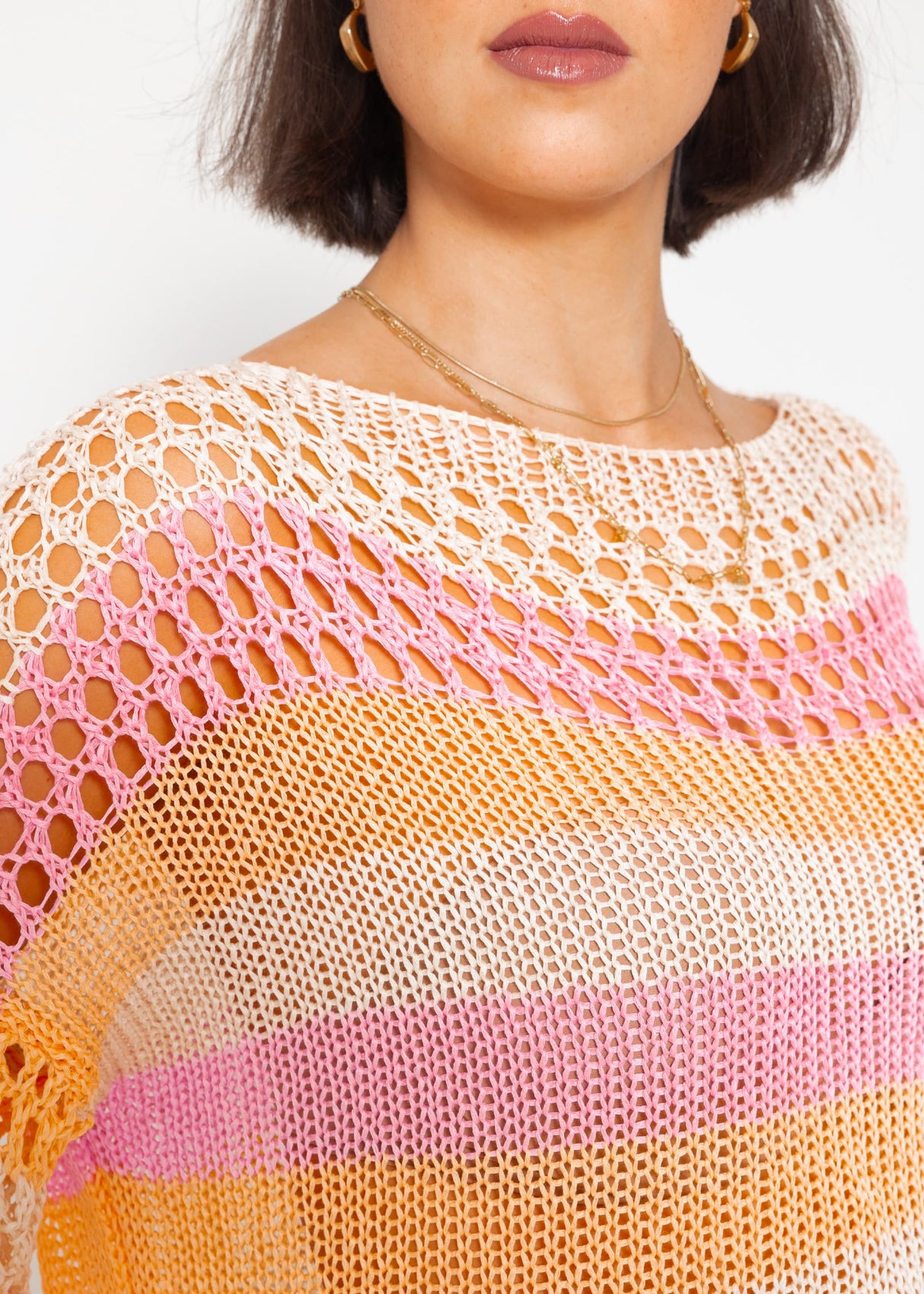Grobmaschiger Kurzarm Pullover - rosa-peach-beige