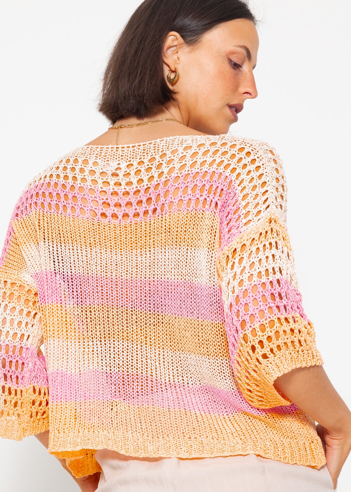 Grobmaschiger Kurzarm Pullover - rosa-peach-beige