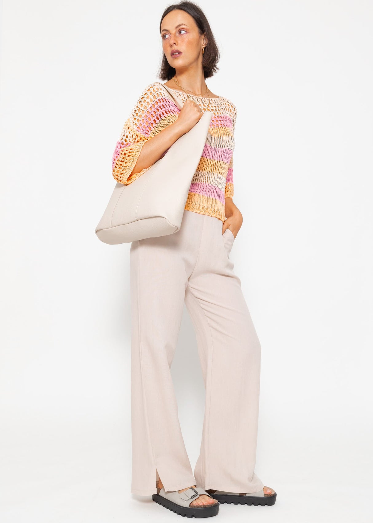 Grobmaschiger Kurzarm Pullover - rosa-peach-beige