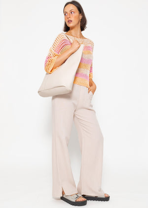 Grobmaschiger Kurzarm Pullover - rosa-peach-beige