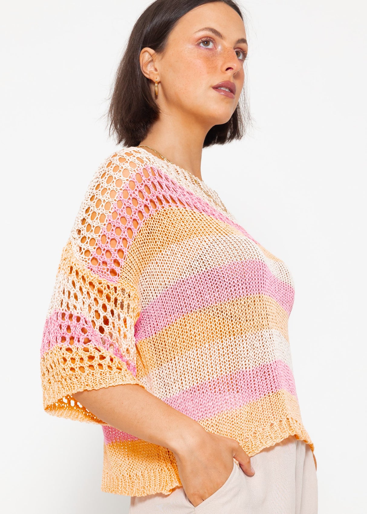 Grobmaschiger Kurzarm Pullover - rosa-peach-beige