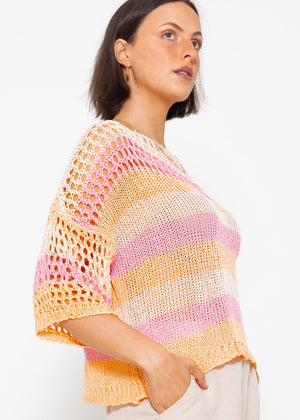 Grobmaschiger Kurzarm Pullover - rosa-peach-beige