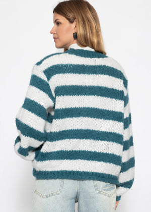 Gestreifter Grobstrickpullover - petrol-offwhite