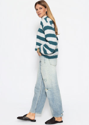 Gestreifter Grobstrickpullover - petrol-offwhite