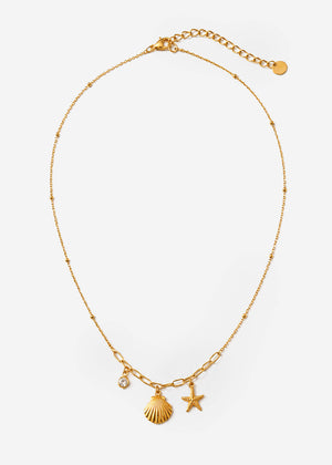 Halskette mit maritimen Anhängern und Glitzerstein - gold