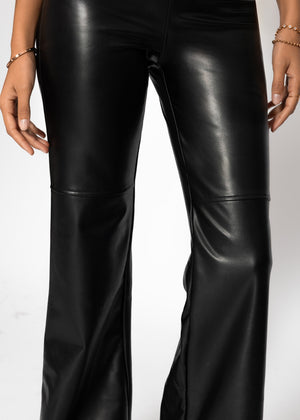 High-Rise Flared Thermo Faux Leather Leggings with Wide Waistband - Black