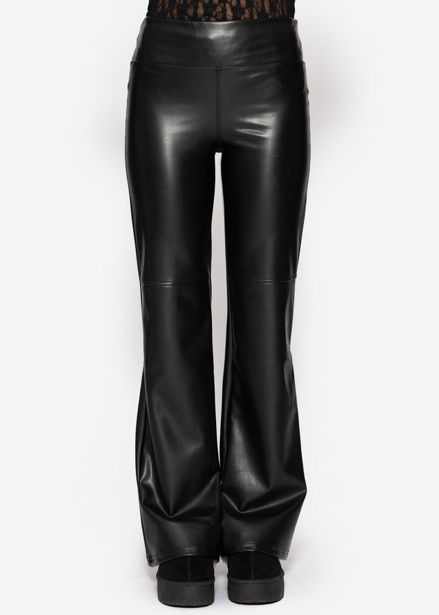 High-rise flared thermal faux leather leggings with wide waistband - black